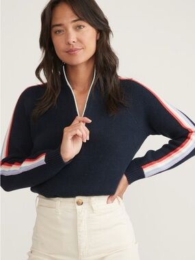 Marine Layer Navy Half-Zip Sweater with Multicolor Stripe Sleeves